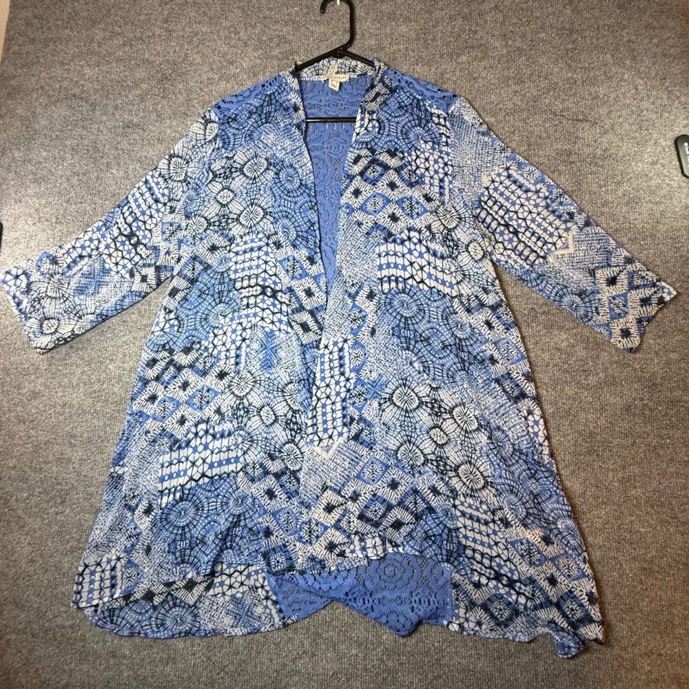 Susan Graver Blue White Geometric Lace Back Open Front Cardigan Womens Medium